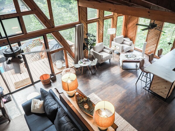 Smart TV, fireplace, video games, DVD player