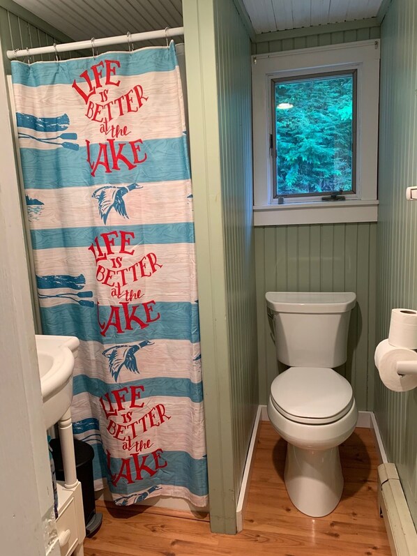 A bathroom with a shower curtain featuring a lake and bird design, a toilet, a window with a view of trees, and a wood floor.