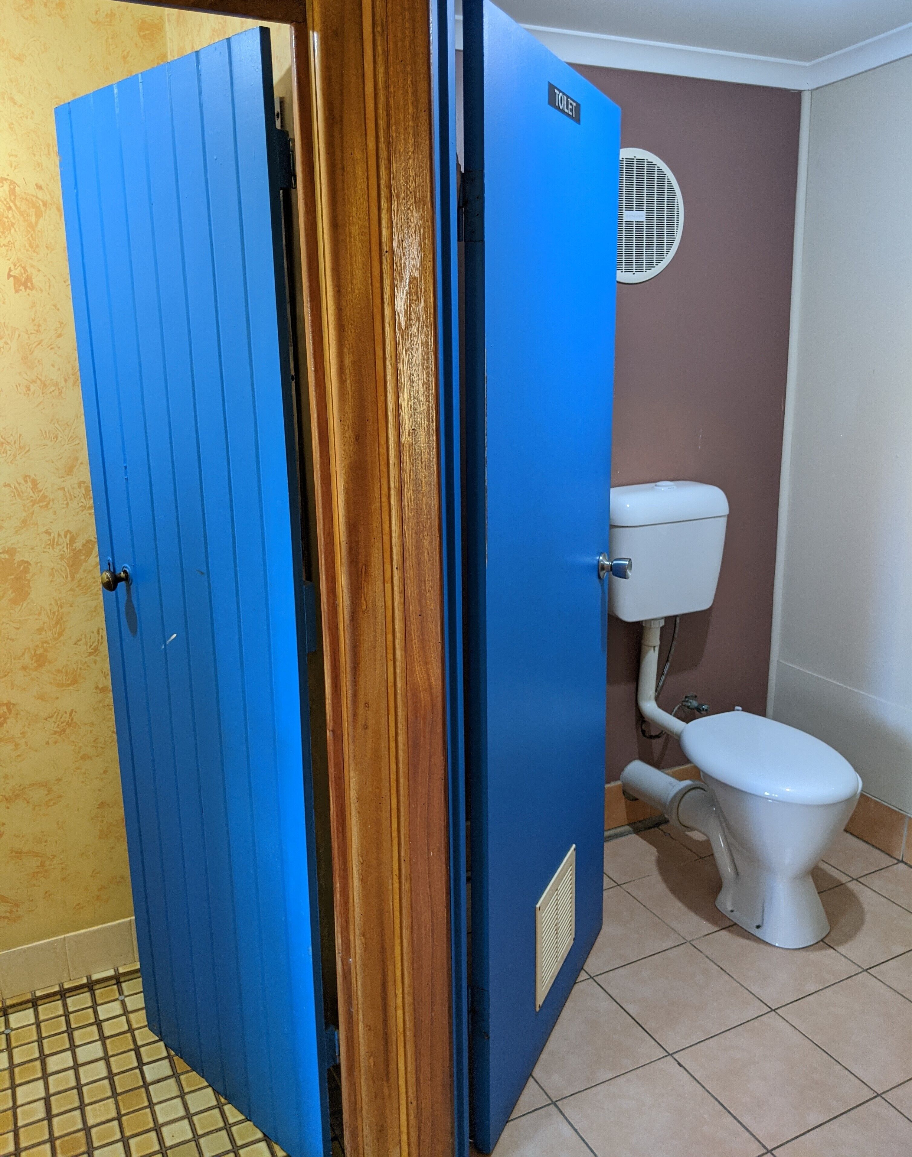 A bathroom with a blue door, a white toilet, and a vent on the wall.