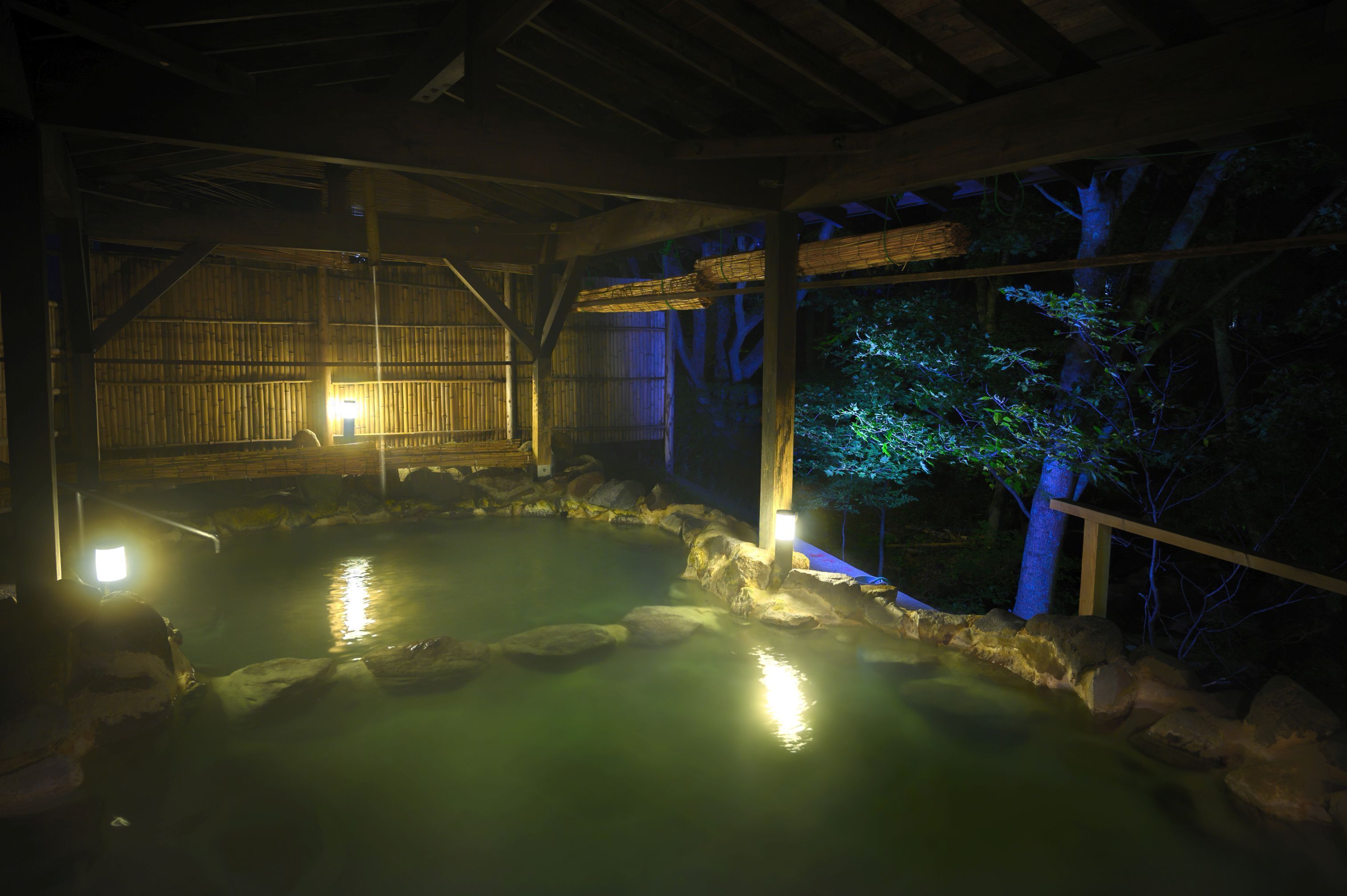 Un onsen japonais traditionnel, avec une structure en bois, un bain en pierre et une vue sur les arbres.