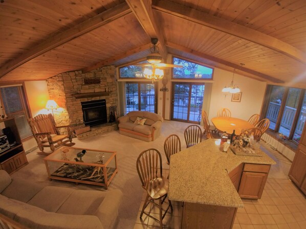 Smart TV, fireplace, DVD player, foosball