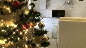 A living room with a Christmas tree, a sofa, a flat-screen TV, and a fireplace.