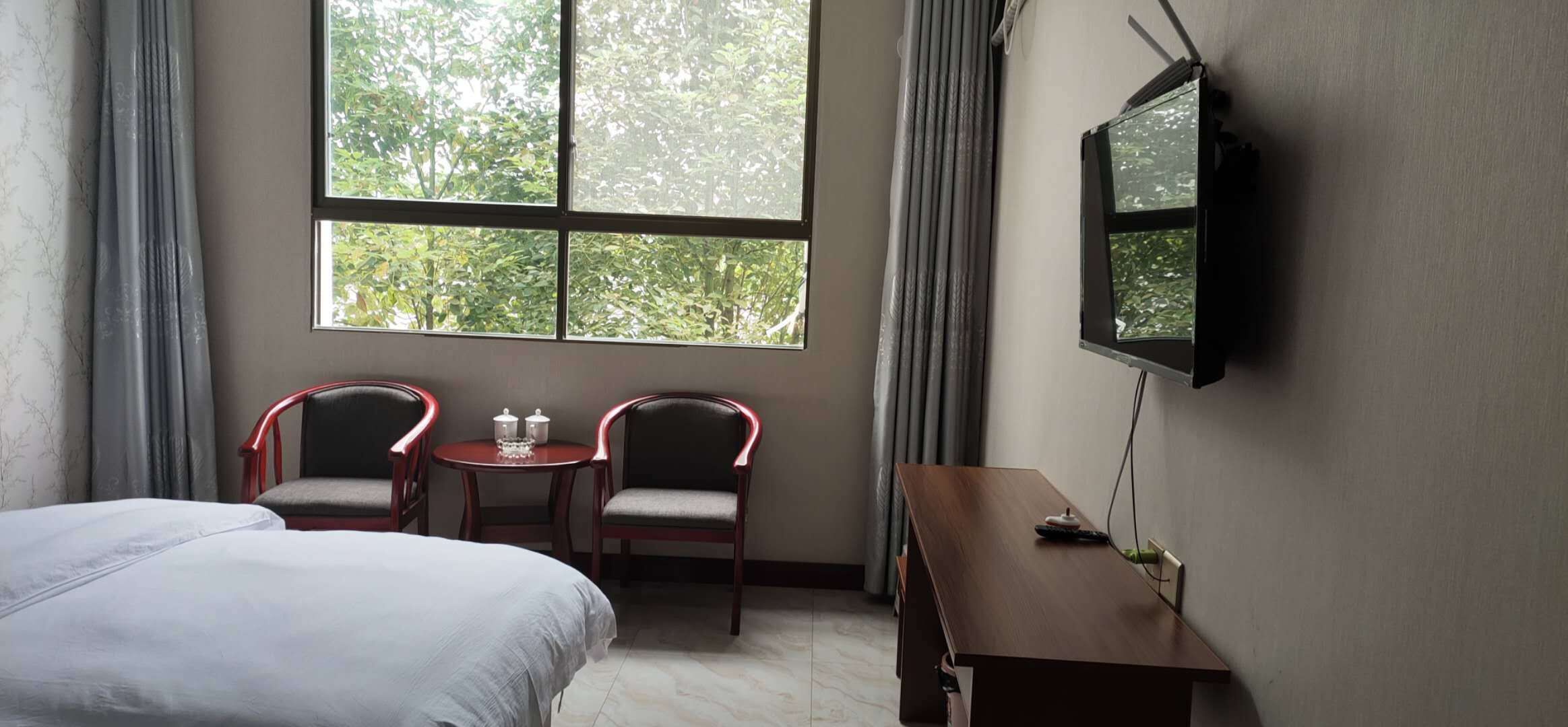 Quarto de hotel com uma cama, duas poltronas, uma mesinha com um vaso, uma TV fixada na parede e uma janela com vista para árvores.