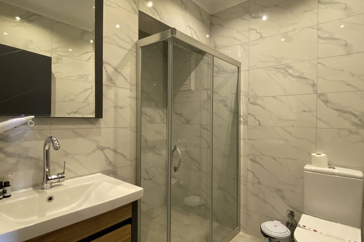 classic triple room, city view | bathroom | shower, hair dryer, towels