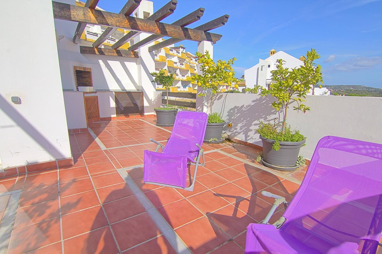 Eine Terrasse mit Fliesenboden, zwei violette Loungesessel, Kübelpflanzen und einer Pergola.