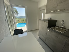 A modern kitchen with a built-in sink, a countertop, and a view of a swimming pool through a sliding door.
