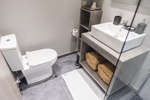 Hair dryer, towels, soap, shampoo