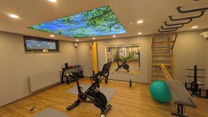 A modern home gym with a ceiling projector displaying a forest scene, exercise equipment, and a large mirror. - Ferienwohnung im Landhotel Sonneneck (Breuna)
