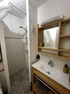 Ducha, secador de pelo, toallas y champú