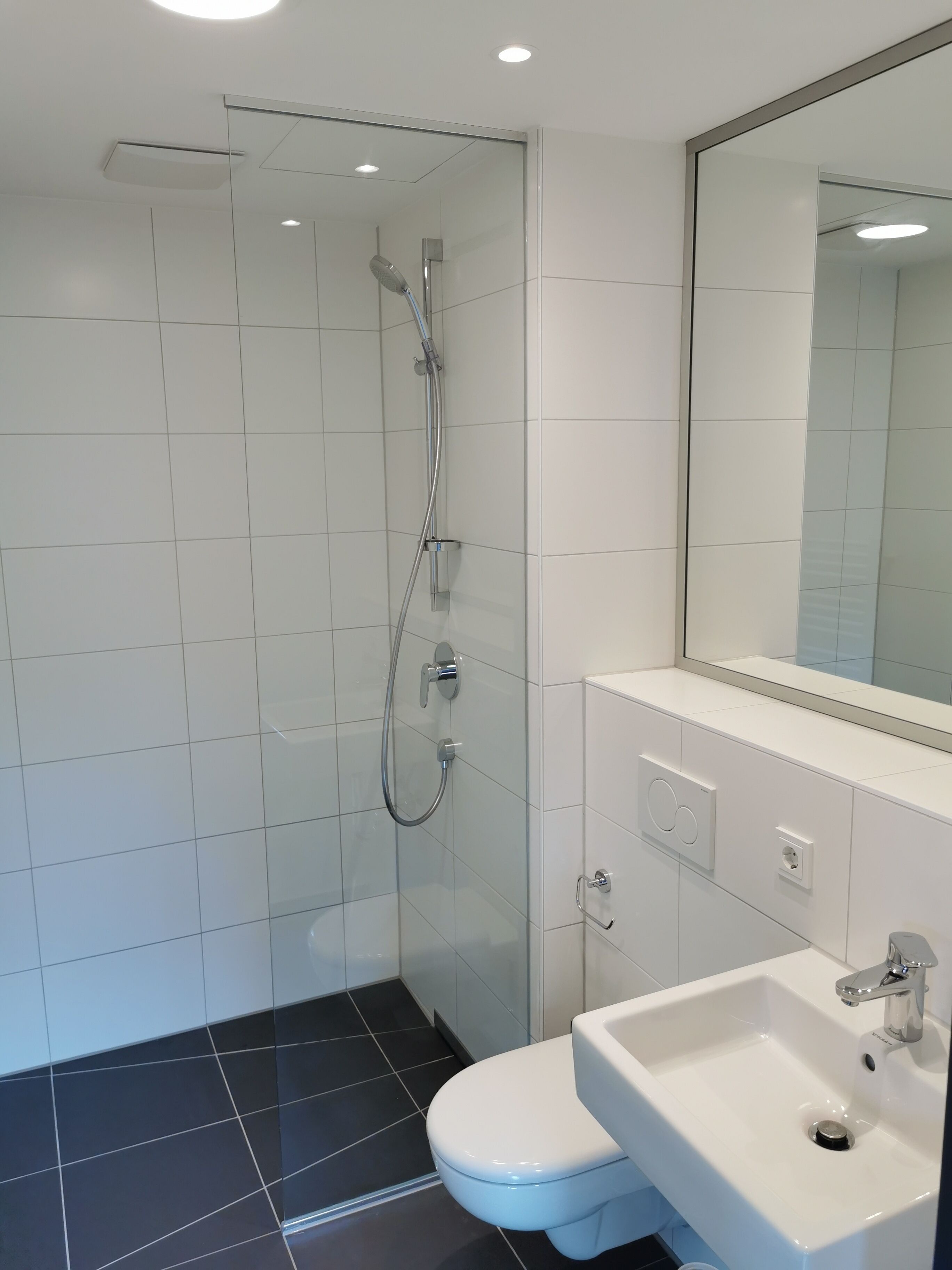 A modern bathroom with a glass-enclosed shower, a white sink, and a large mirror.