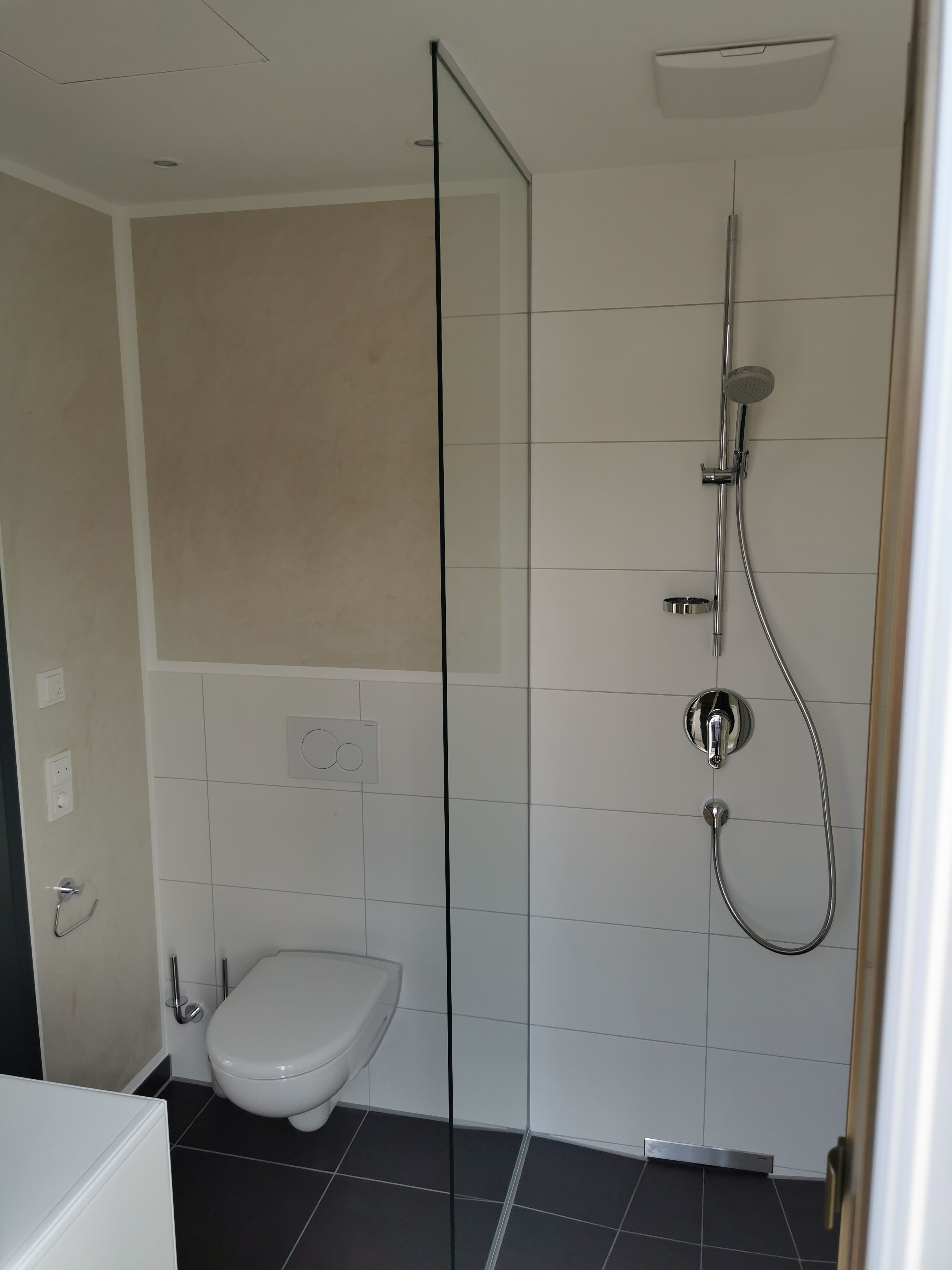 A modern bathroom with a glass shower enclosure, a toilet, and a sink.