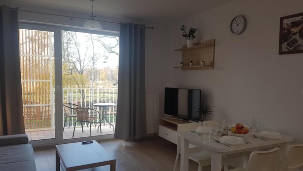 A modern living room with a TV, dining table, and chairs. There is a balcony with a view of trees.
