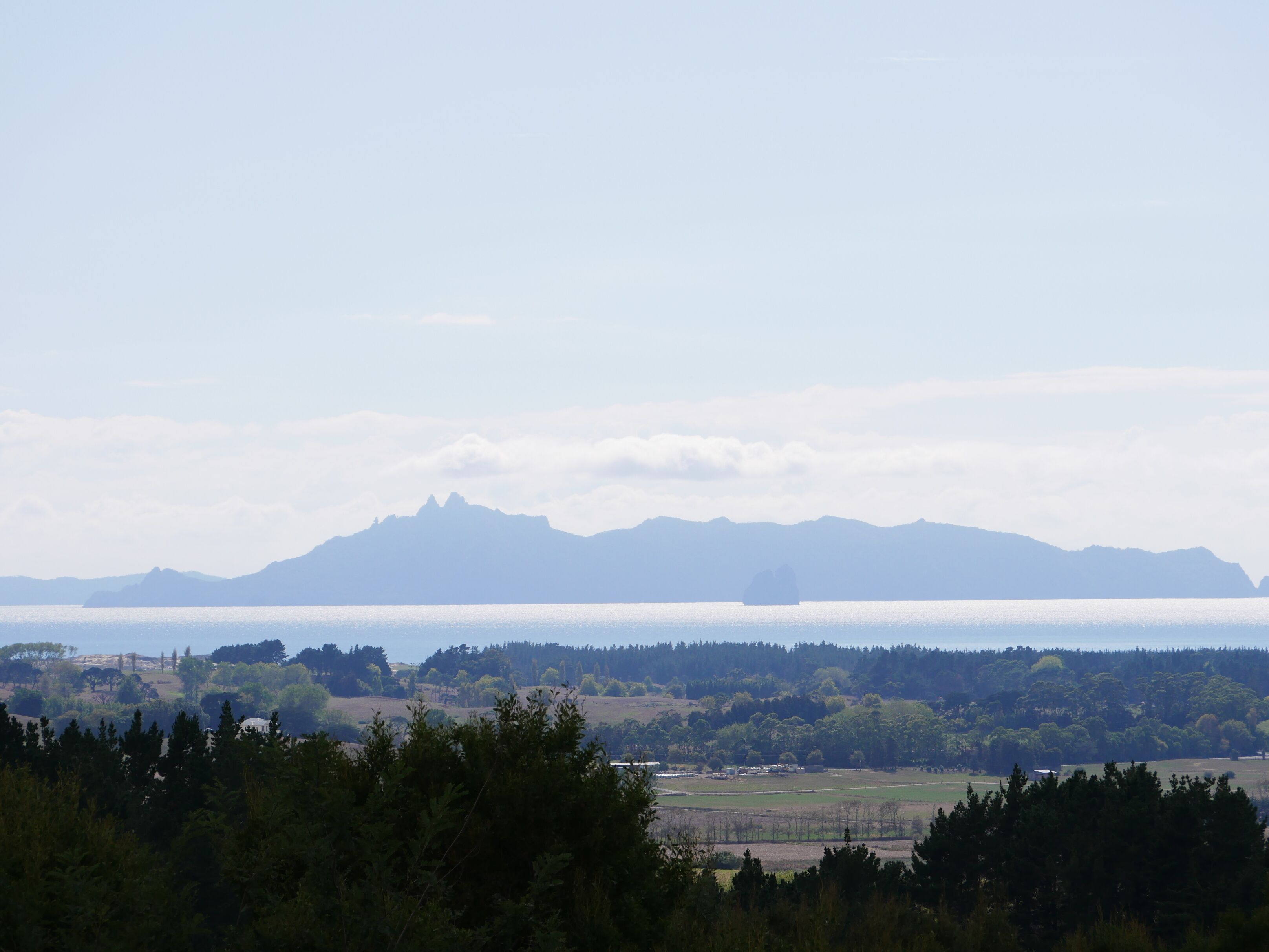 A panoramic view of a coastal landscape with mountains in the distance, a body of water in the foreground, and a forested area in the midground.