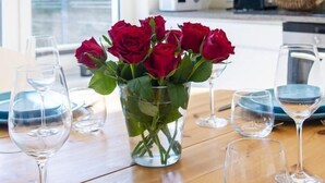 A dining table with a vase of red roses, clear wine glasses, and blue plates. - Kap Ustronie Morskie - 365PAM (Ustronie Morskie)