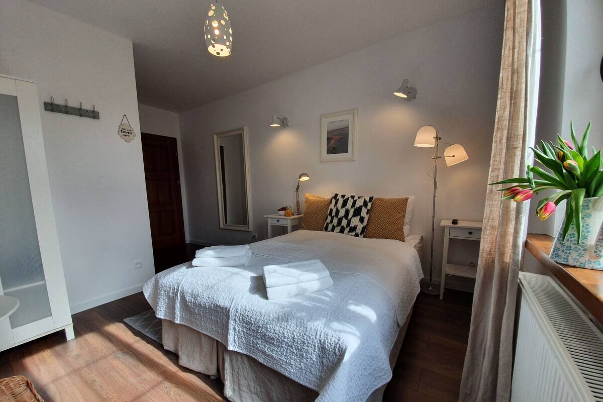 A neatly arranged bedroom with a large bed, bedside lamps, a mirror, and a potted plant.