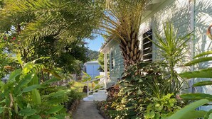 A narrow concrete pathway flanked by lush greenery and a white building with a window. - Jolly Harbour, 3 bedroom villa, pool, close to beach and all amenities. (Jolly Harbour)