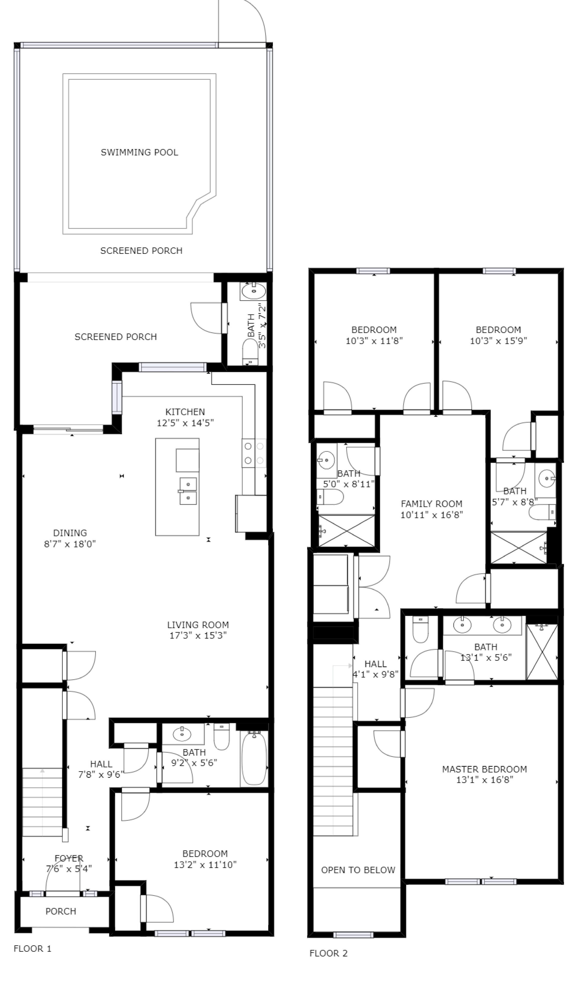 Plan d’étage d’une maison de vacances dotée d’une piscine, d’une véranda grillagée, de deux chambres, d’une salle familiale, d’un coin repas, d’une cuisine, d’un salon, de deux salles de bain, de deux couloirs et d’un hall d’entrée.