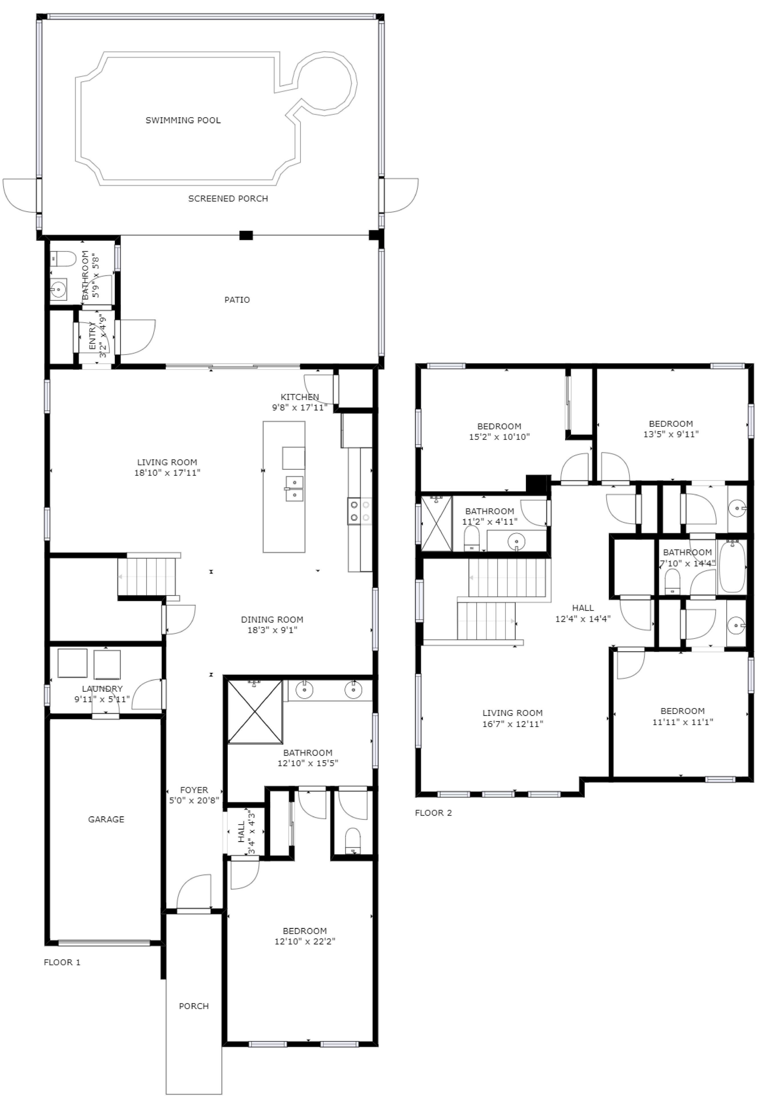 A floor plan of a vacation home with a swimming pool, screened porch, patio, kitchen, dining room, living room, bedrooms, bathrooms, garage, foyer, hall, and porch.