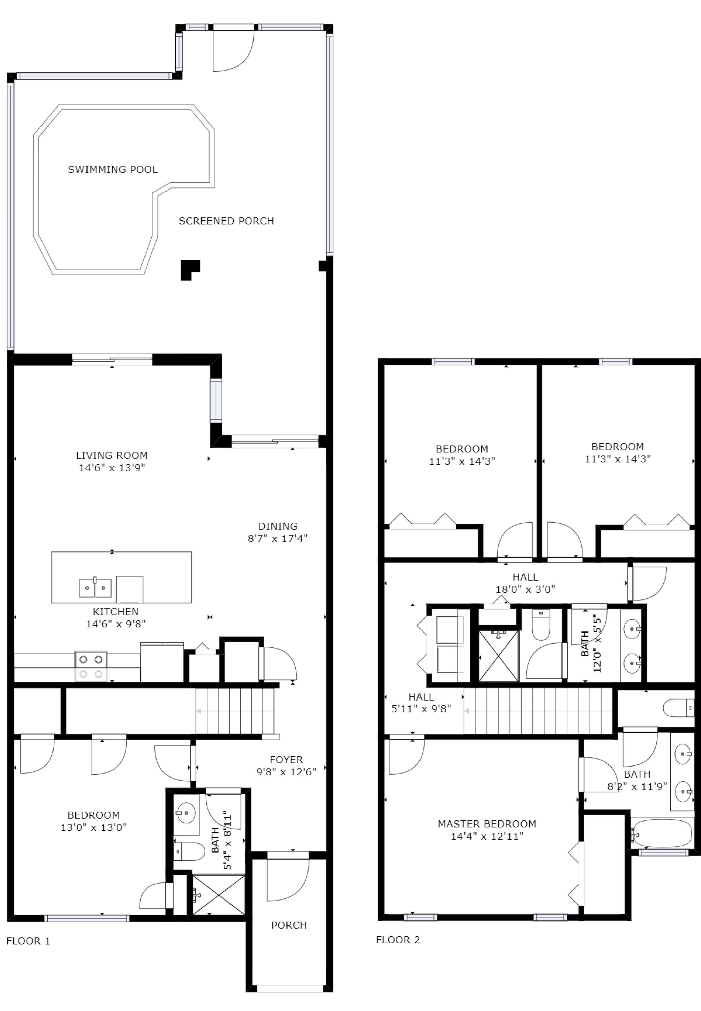 Grundriss eines Ferienhauses mit Schwimmbad, einem Moskitonetz-verklärten Veranda, Wohnzimmer, Küche, Essbereich, zwei Schlafzimmern, zwei Bädern, einer Diele und einem Hauptschlafzimmer.