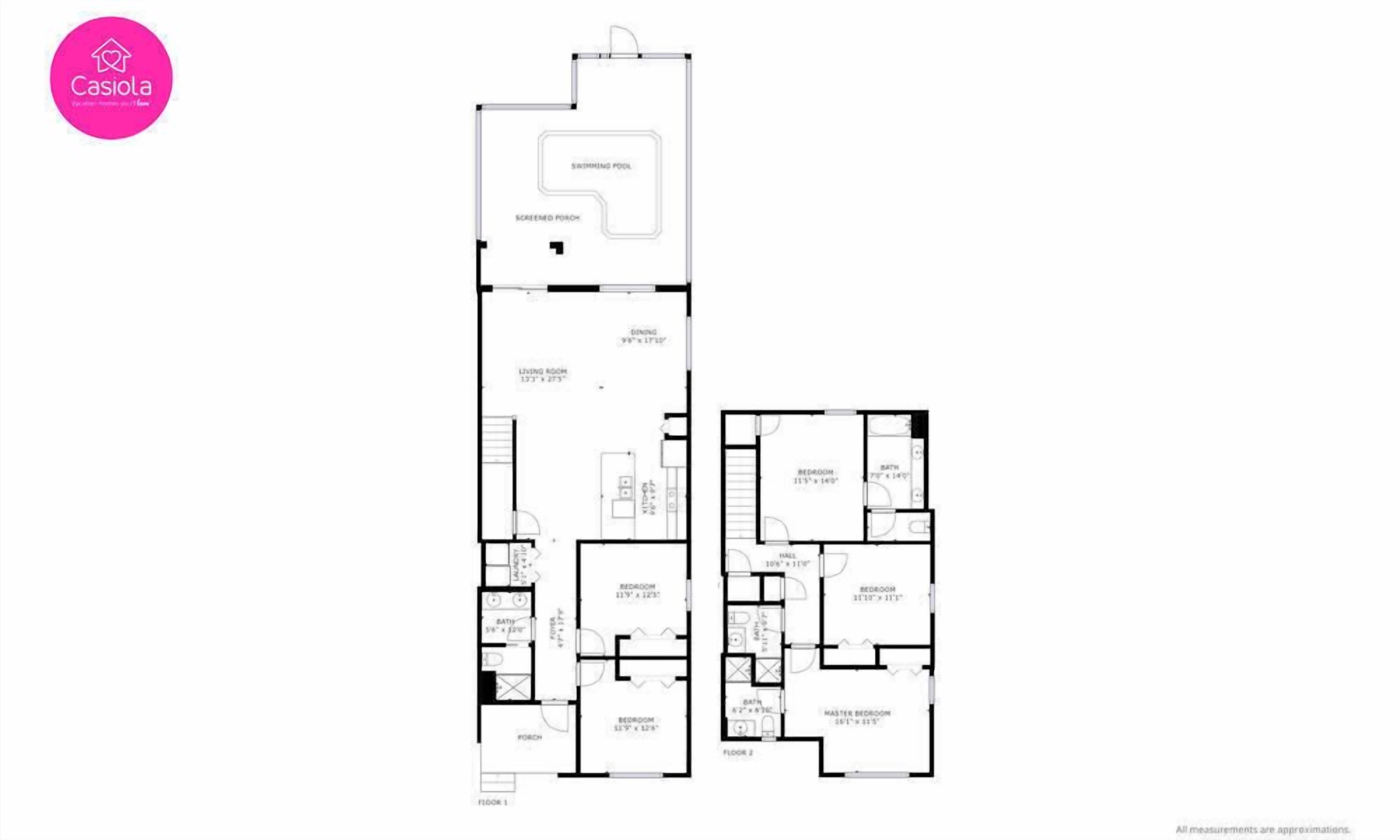 A floor plan of a Casio apartment with a living room, dining area, kitchen, two bedrooms, a bathroom, and a master bedroom.