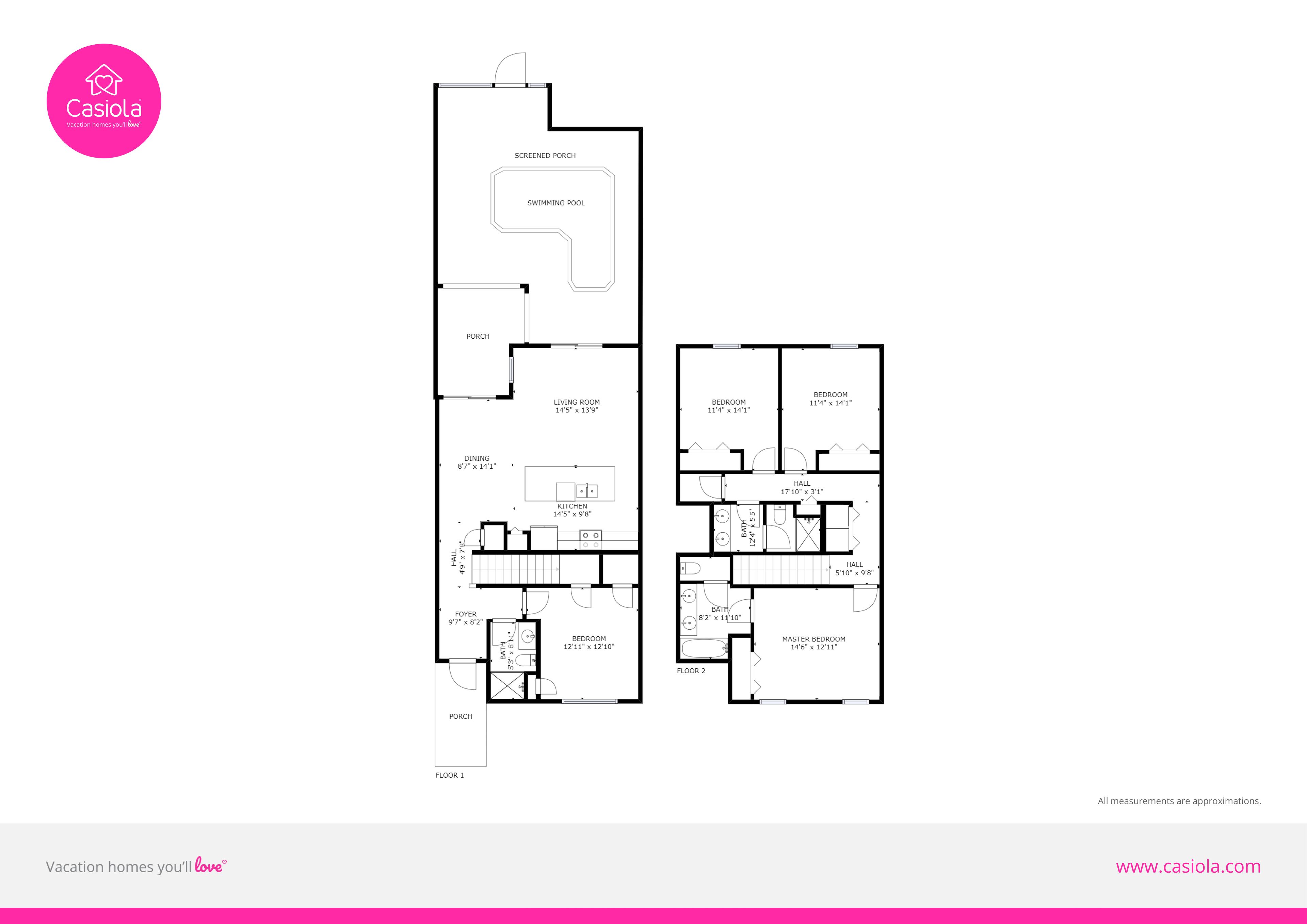 A floor plan of a vacation home with a screened porch, swimming pool, two bedrooms, a dining area, kitchen, and two bathrooms.