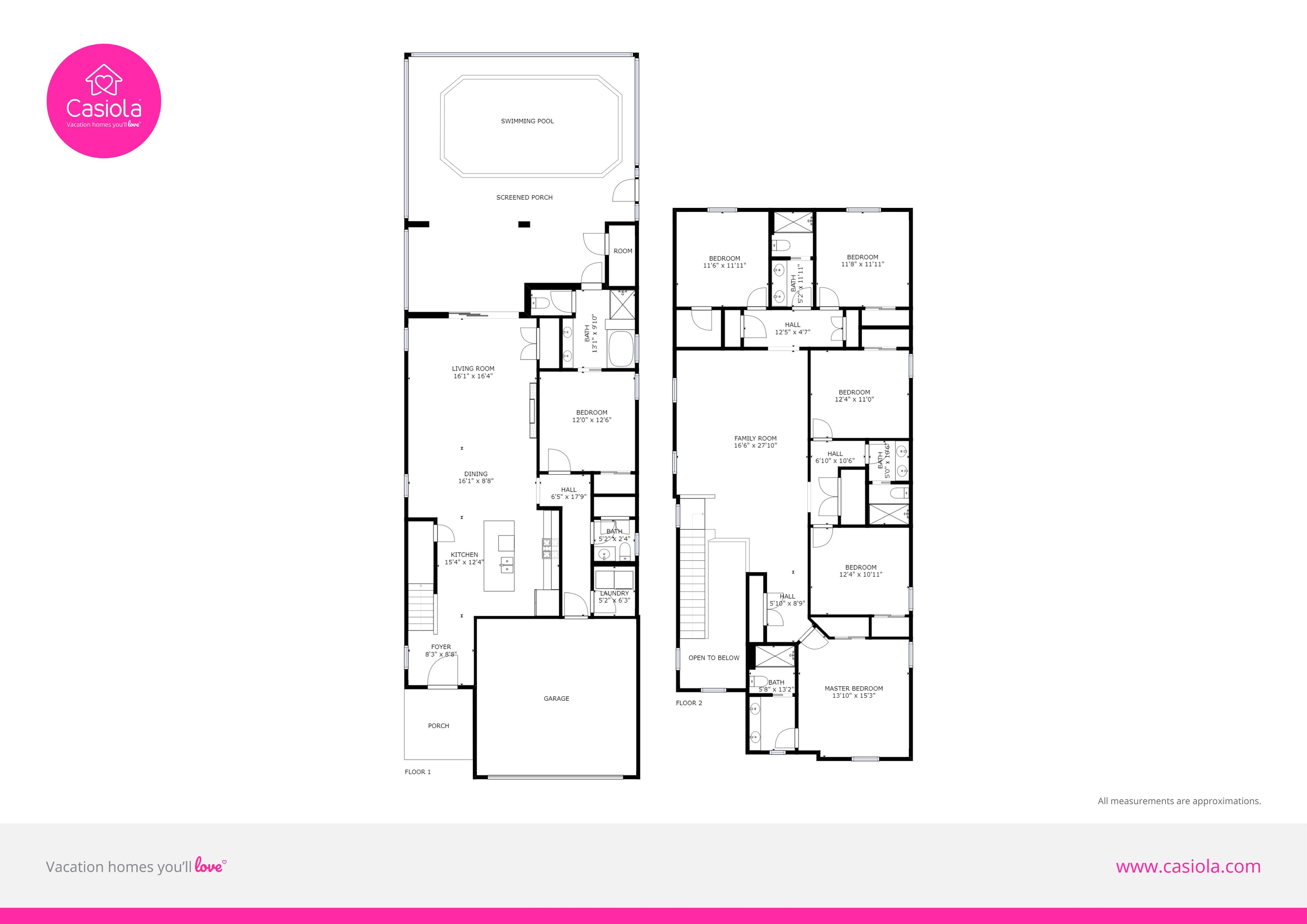 Planta baixa de uma casa de férias com piscina, varanda fechada, vários quartos, área de jantar, cozinha, sala de estar e garagem.