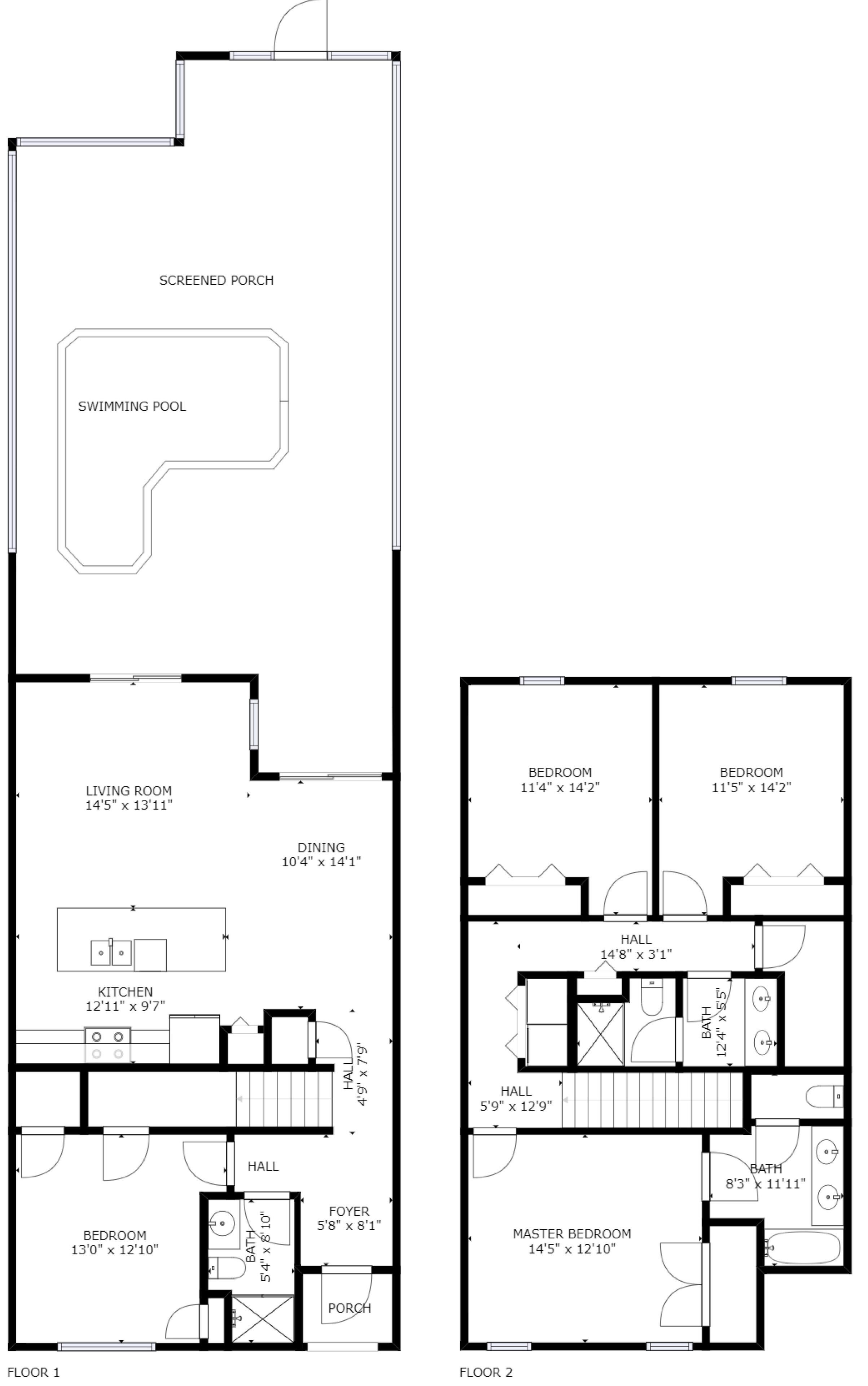 A floor plan of a vacation home with a screened porch, swimming pool, living room, dining area, kitchen, two bedrooms, two bathrooms, a foyer, and a master bedroom.