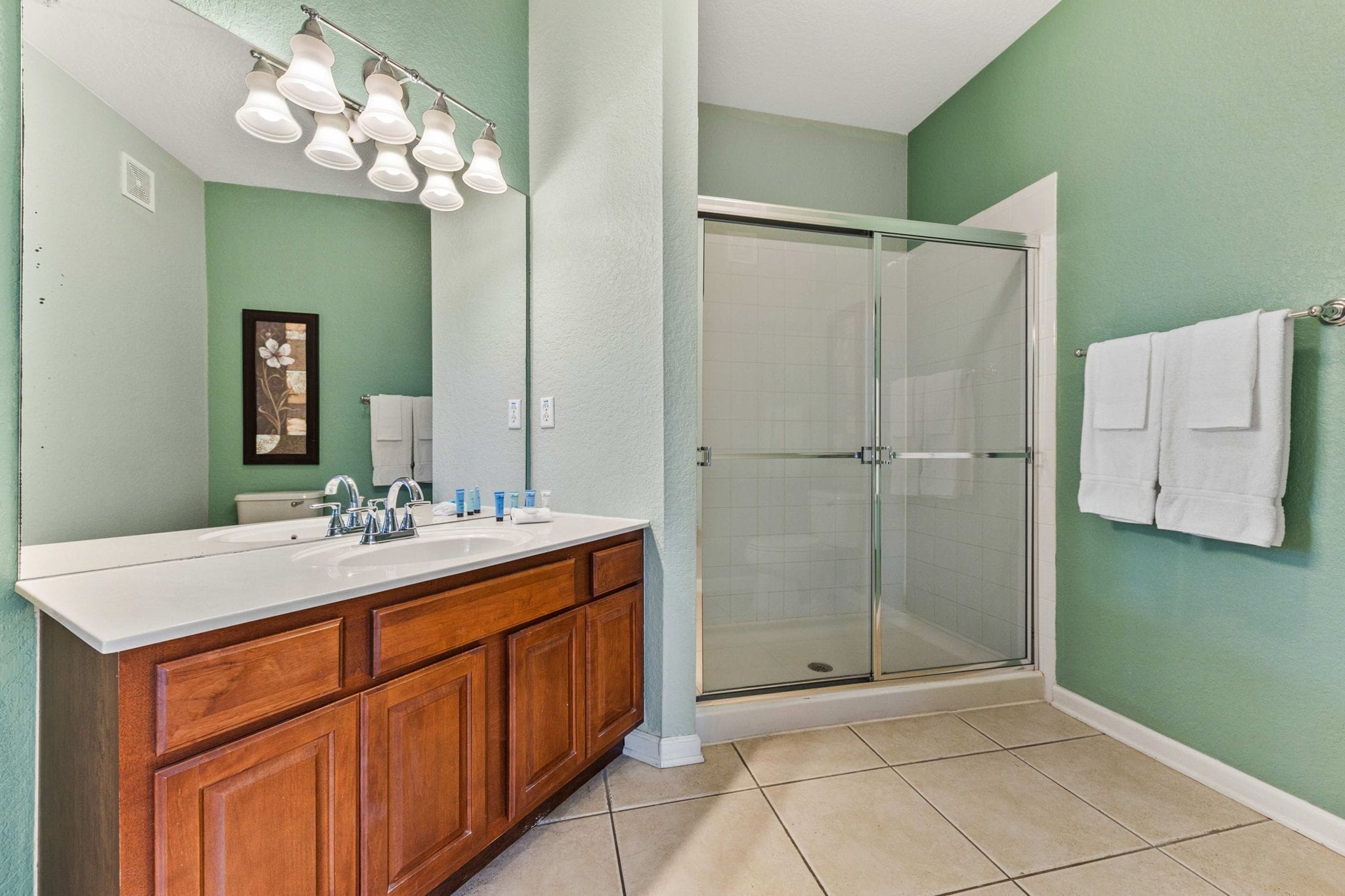 Un baño con tocador de madera, un espejo grande, cabina de ducha de vidrio y pared verde.