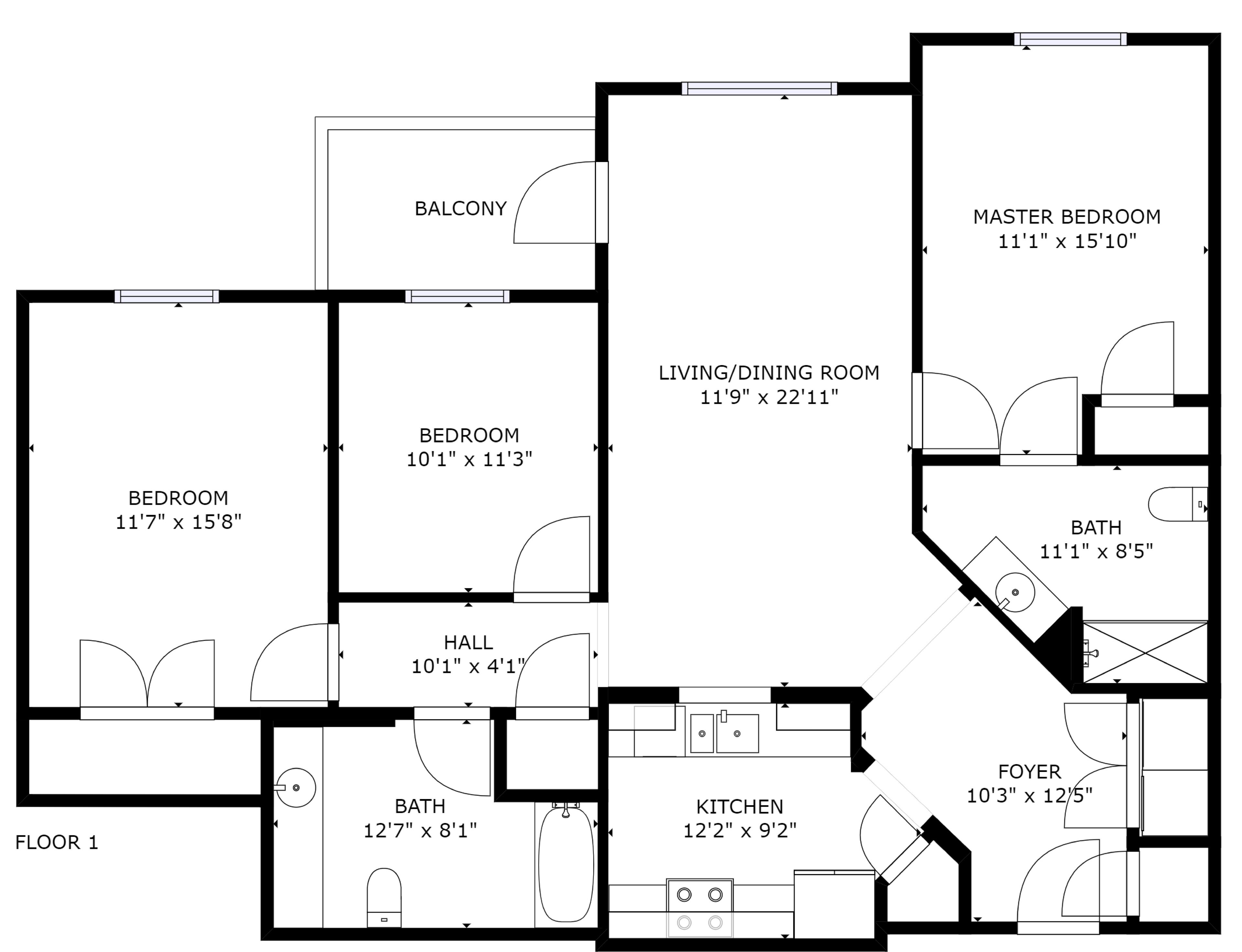 Plano de planta de una casa de vacaciones con un dormitorio principal, sala de estar/comedor, dos dormitorios, un balcón, un pasillo, una cocina y un baño.