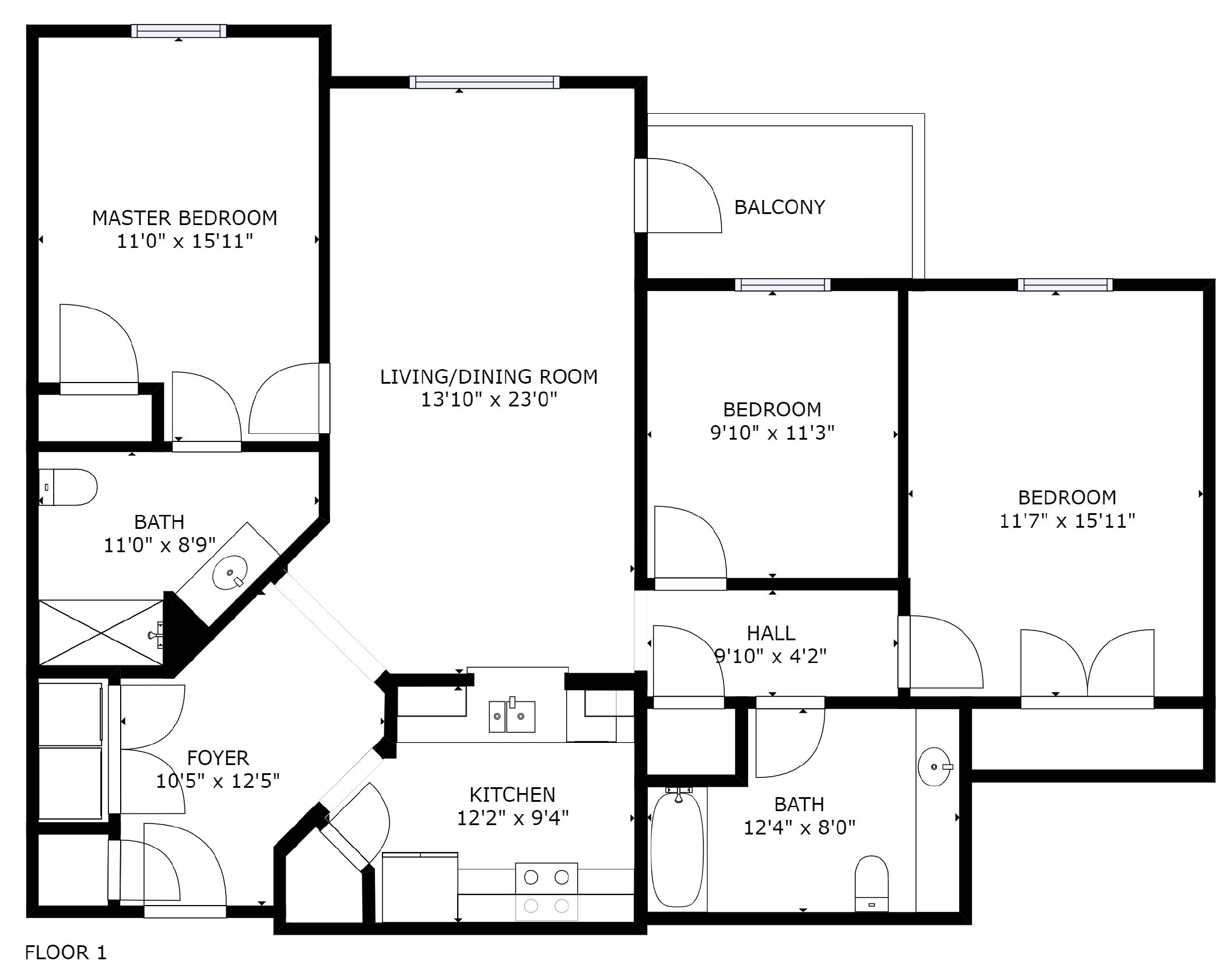 A floor plan of a vacation home with a master bedroom, living/dining room, balcony, two bedrooms, a hall, kitchen, two bathrooms, and a foyer.