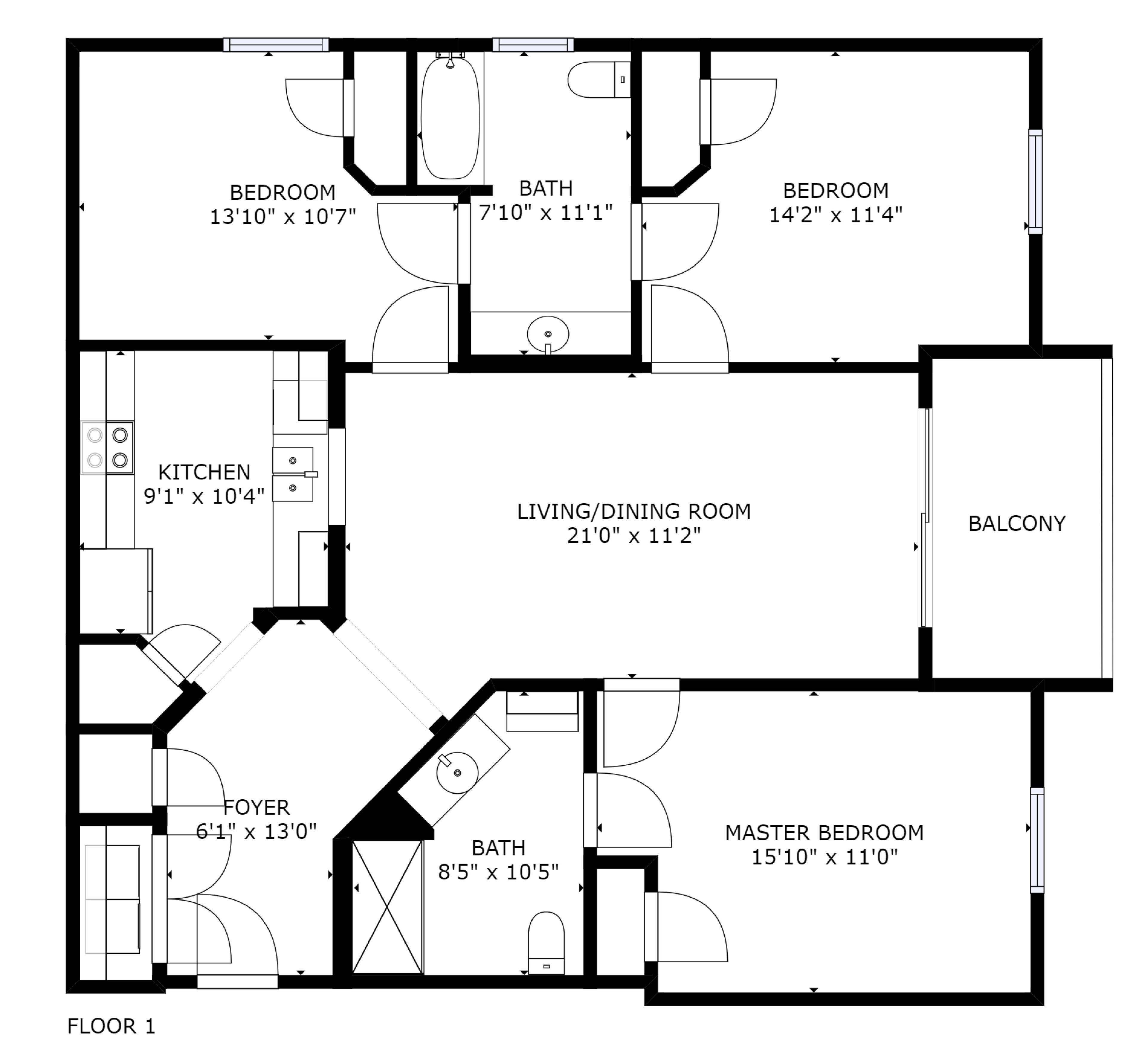 Ein Grundriss eines Ferienhauses mit Schlafzimmer, zwei kleineren Schlafzimmern, einem Wohn-/Essbereich, einem Balkon, einer Diele, einer Küche und zwei Bädern.