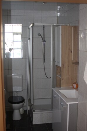 Shower, hair dryer, towels, soap