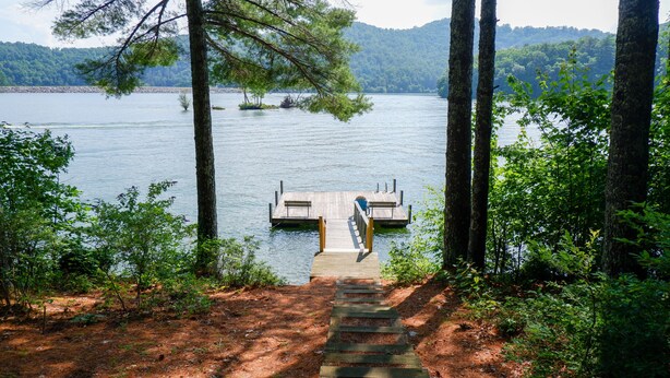 A wooden dock leading to a calm lake surrounded by dense forest.