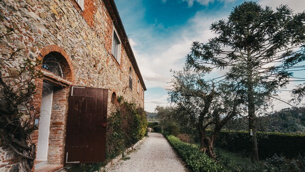 Un edificio de piedra con un sendero de grava que lleva a una puerta de madera, rodeado de follaje y árboles.