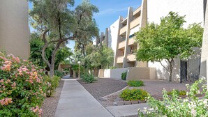 A pathway leading to a building with a garden area, trees, and a fence. - Home At The Maya.... (Scottsdale)