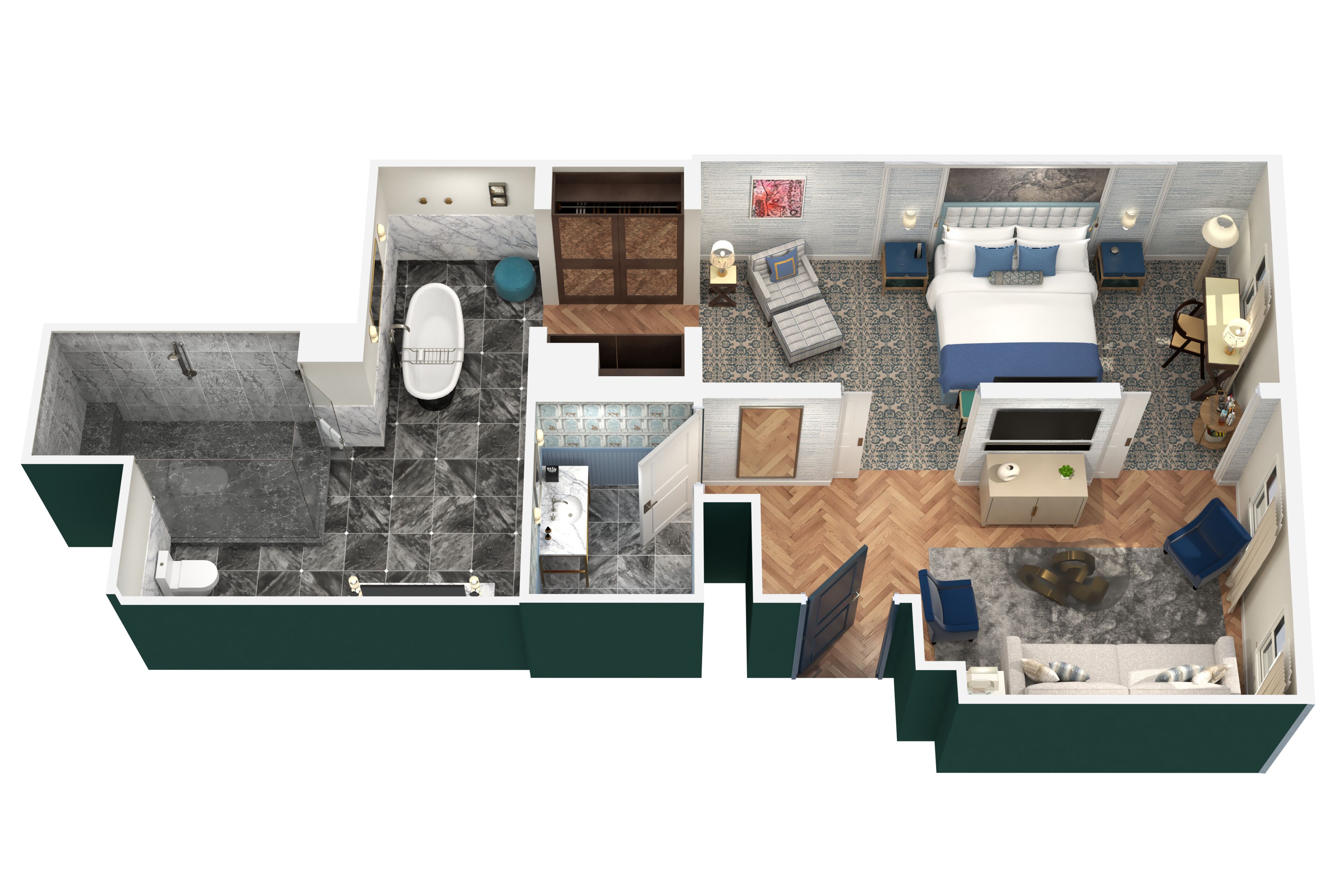 Un plan d’aménagement de chambre d’hôtel comprenant une salle de bain, un coin salon avec un canapé et une table basse, une chambre avec un lit et des tables de chevet, et un petit coin cuisine.