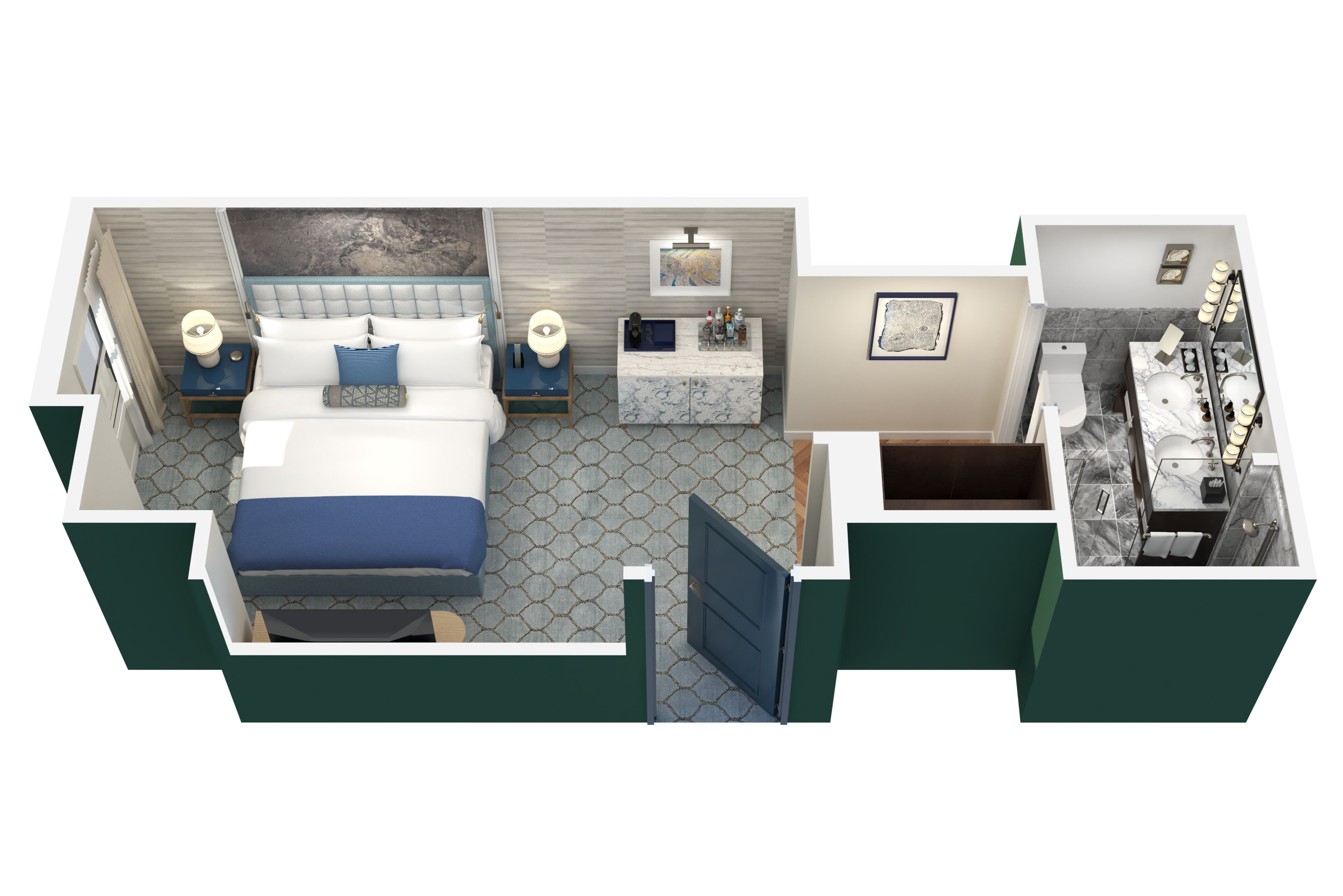 Habitación de hotel con cama, mesitas de noche, escritorio, baño con lavabo y espejo, y una pequeña zona de estar.