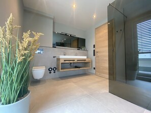 Bathtub, hair dryer, towels, soap