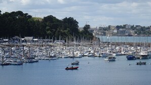 Un port de plaisance où de nombreux bateaux sont amarrés dans des eaux calmes, avec en arrière-plan des arbres et des bâtiments.
