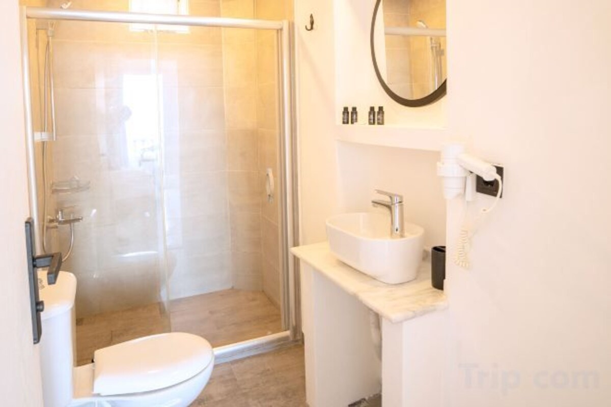 Shower, free toiletries, hair dryer, slippers