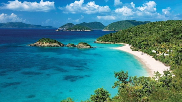 Paesaggio costiero con spiaggia sabbiosa, acque cristalline turchesi e vegetazione lussureggiante.