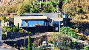 Une maison moderne avec une façade en pierre, un toit plat et un petit jardin.