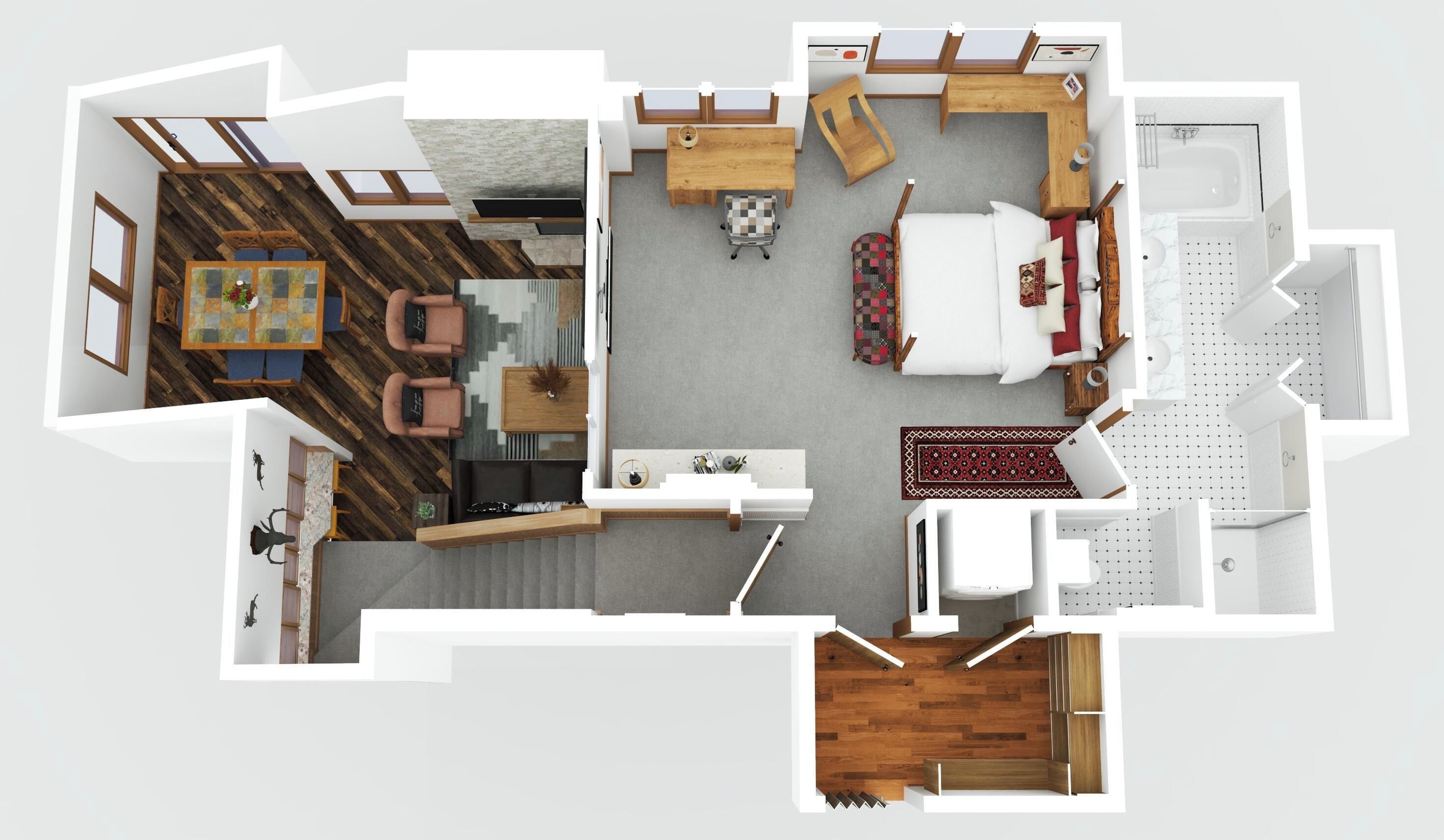 A hotel room layout with a bed, seating area, kitchenette, bathroom, and a balcony.