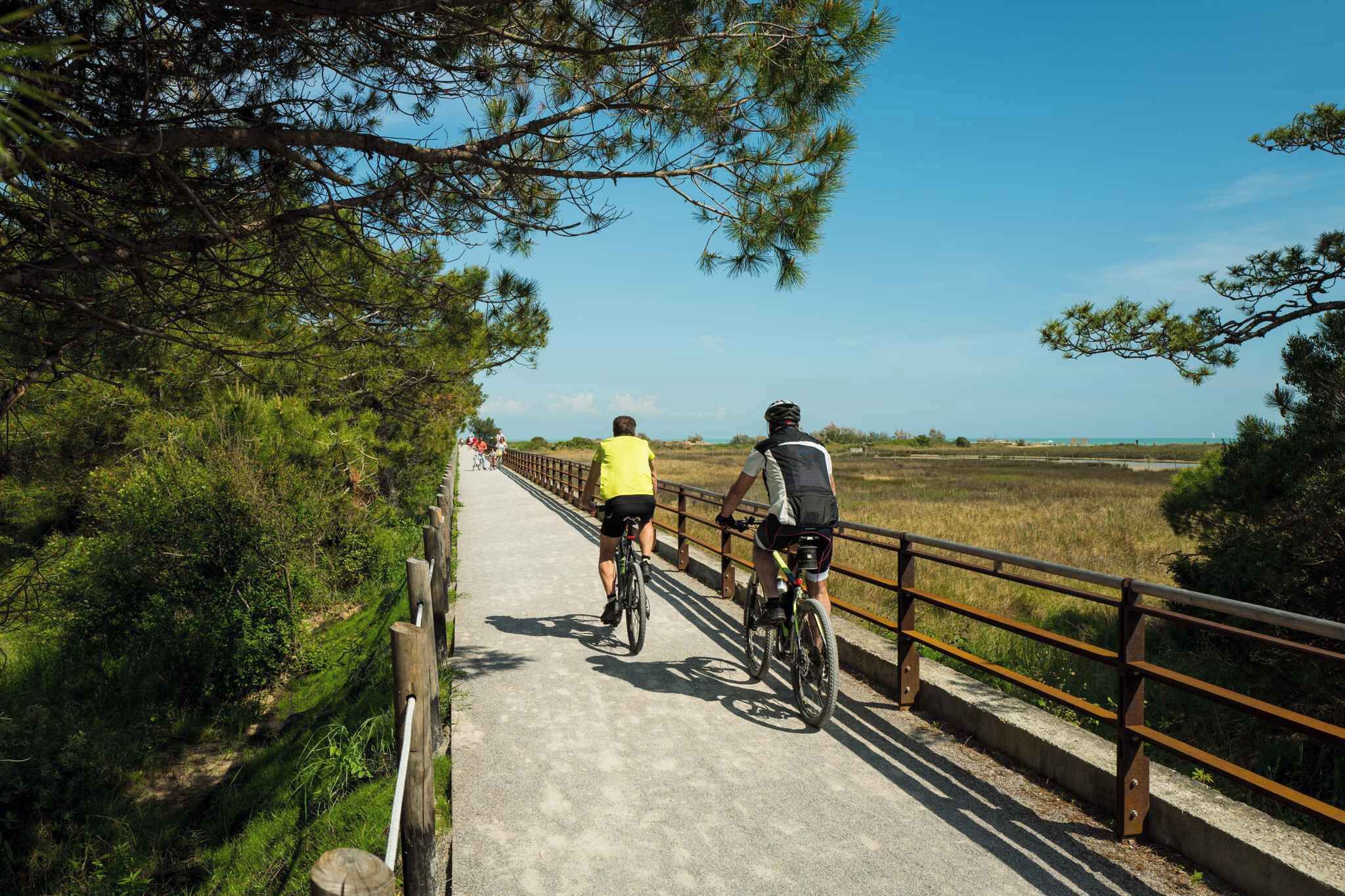 Twee fietsers op een verhard pad, met een metalen hek aan de ene kant en dichte begroeiing aan de andere kant.