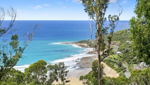 A coastal landscape with a beach, ocean, and surrounding greenery. - Vue Sur La Mer (Wye River)