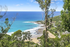 A coastal landscape with a beach, ocean, and surrounding greenery. - Vue Sur La Mer (Wye River)