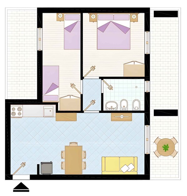 A floor plan of a hotel room with a kitchen, a dining area, a living room, and two bedrooms. - Holiday apartment with balcony and air conditioning (Bibione)