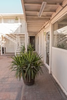 Une allée couverte agrémentée de plantes en pot, un escalier et l’entrée d’un bâtiment.