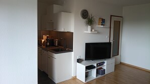 Ett kompakt bostadsutrymme med ett litet kök, en platt-TV och en krukväxt.