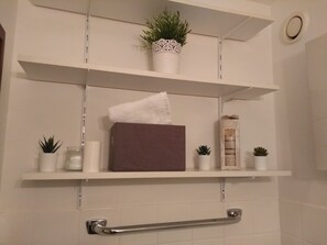 Shower, hair dryer, soap, toilet paper